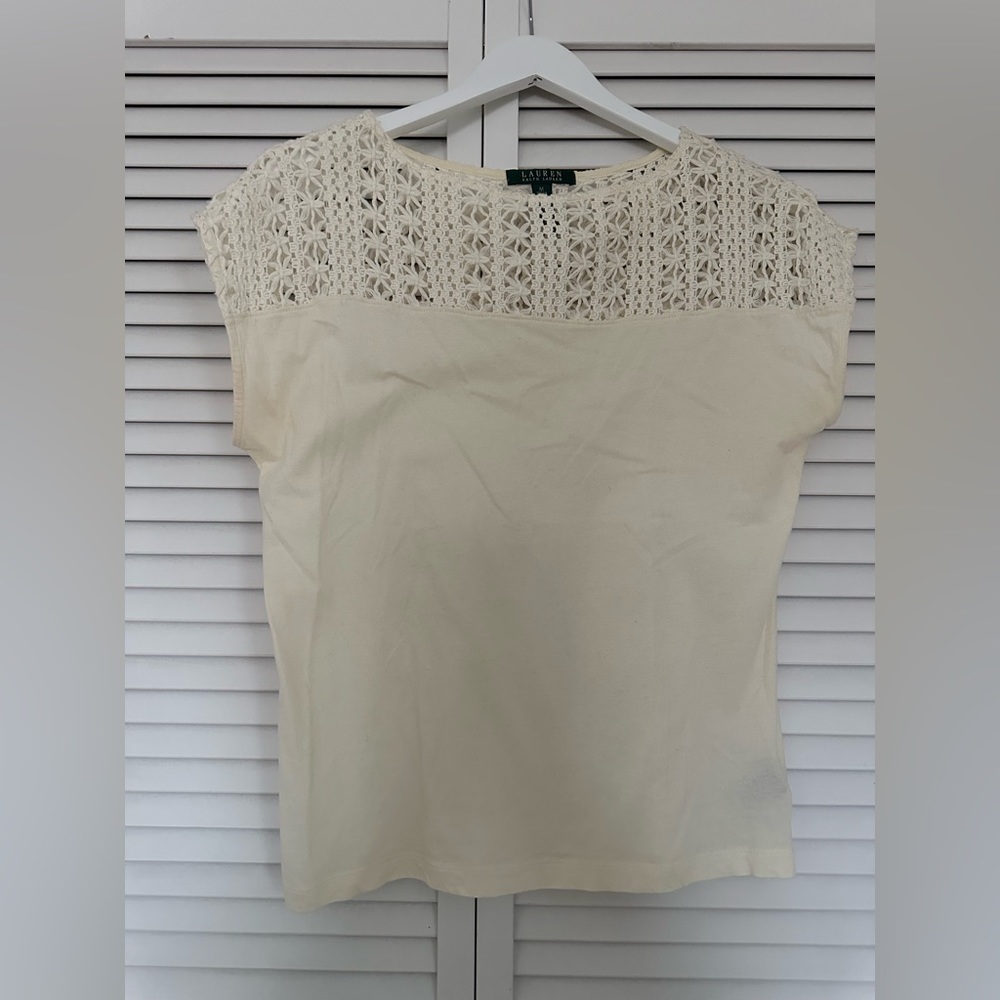 Ralph Lauren  Short Sleeve Top Off White Crochet Detail